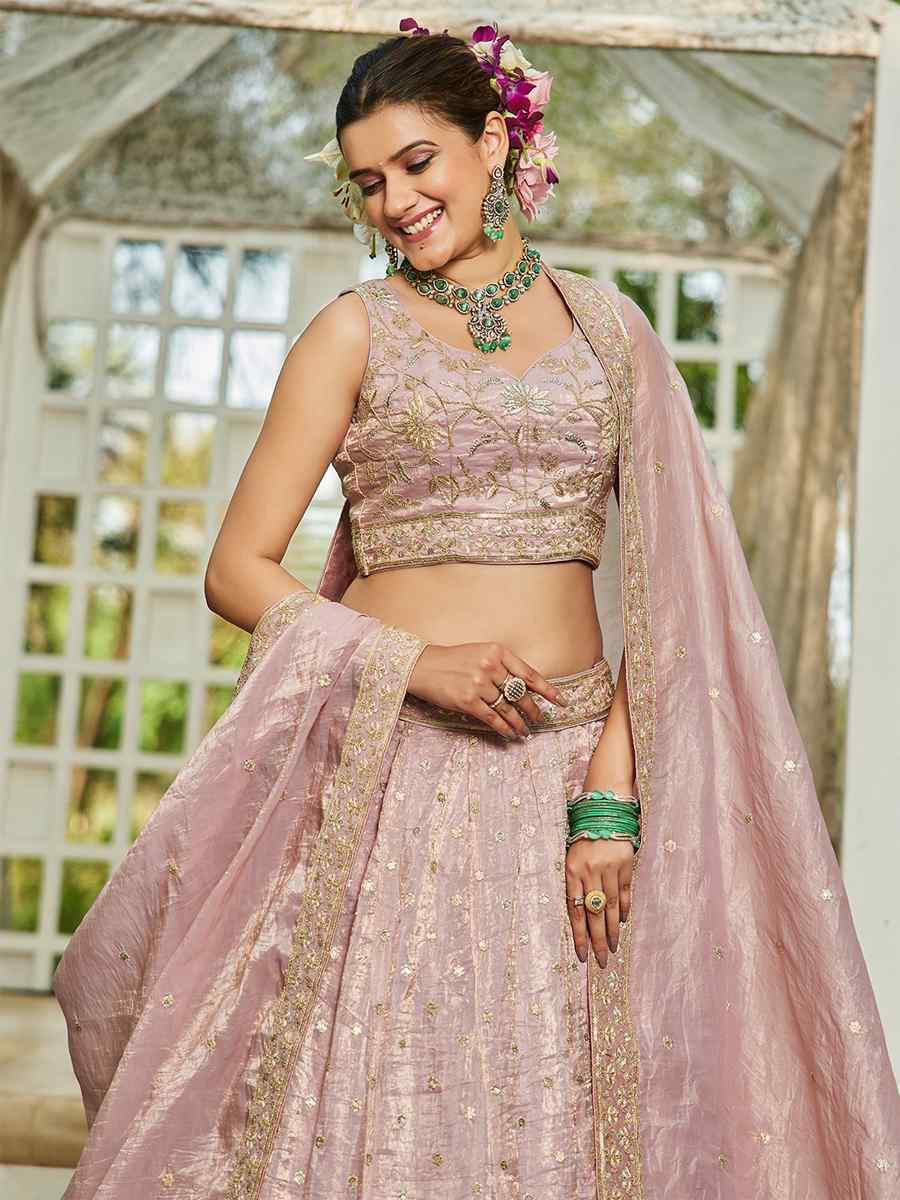 Mauve Tissue Embroidered Festival Reception Wedding Party Wear Heavy Border Lehenga Choli