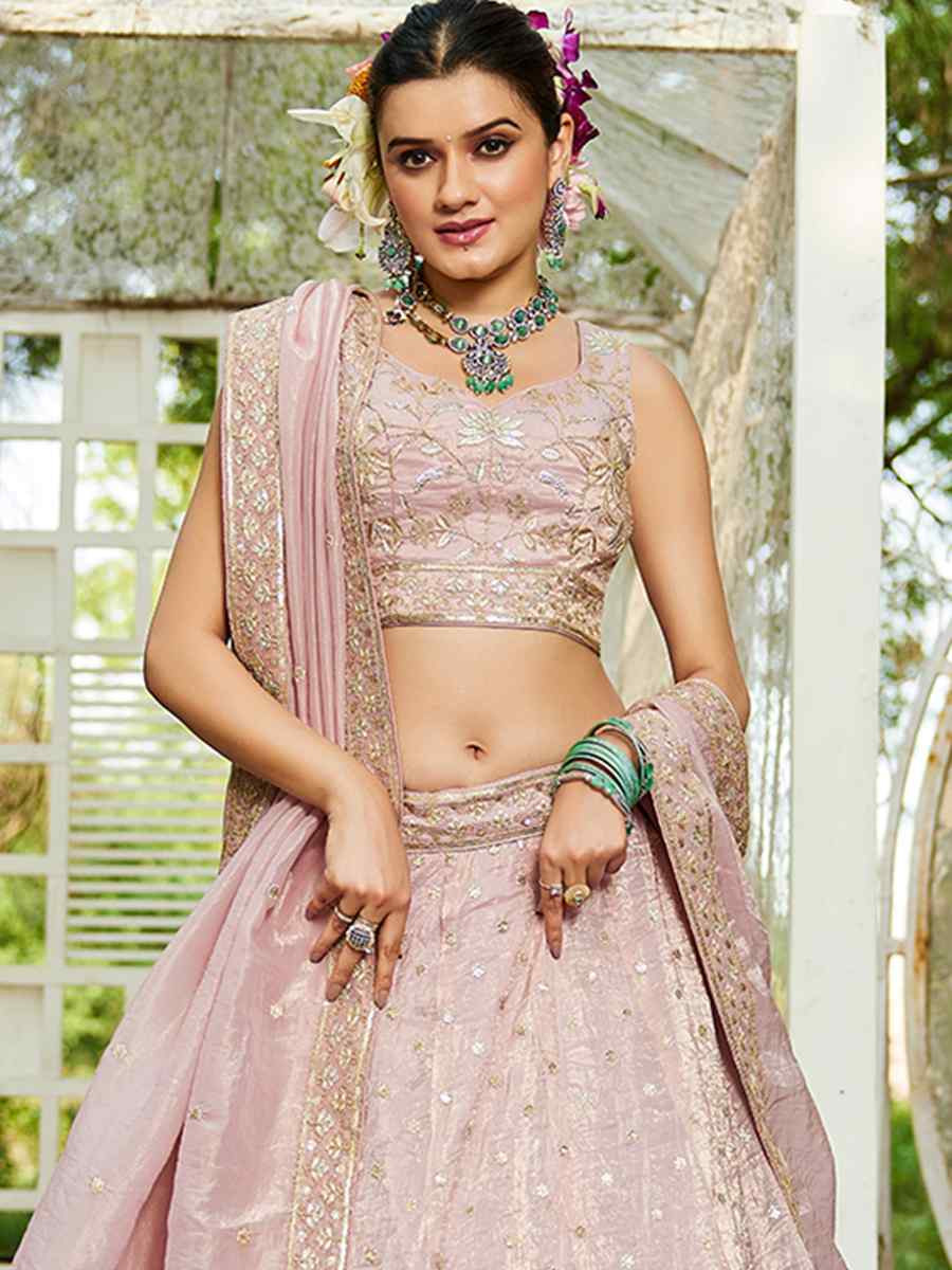 Mauve Tissue Embroidered Festival Reception Wedding Party Wear Heavy Border Lehenga Choli
