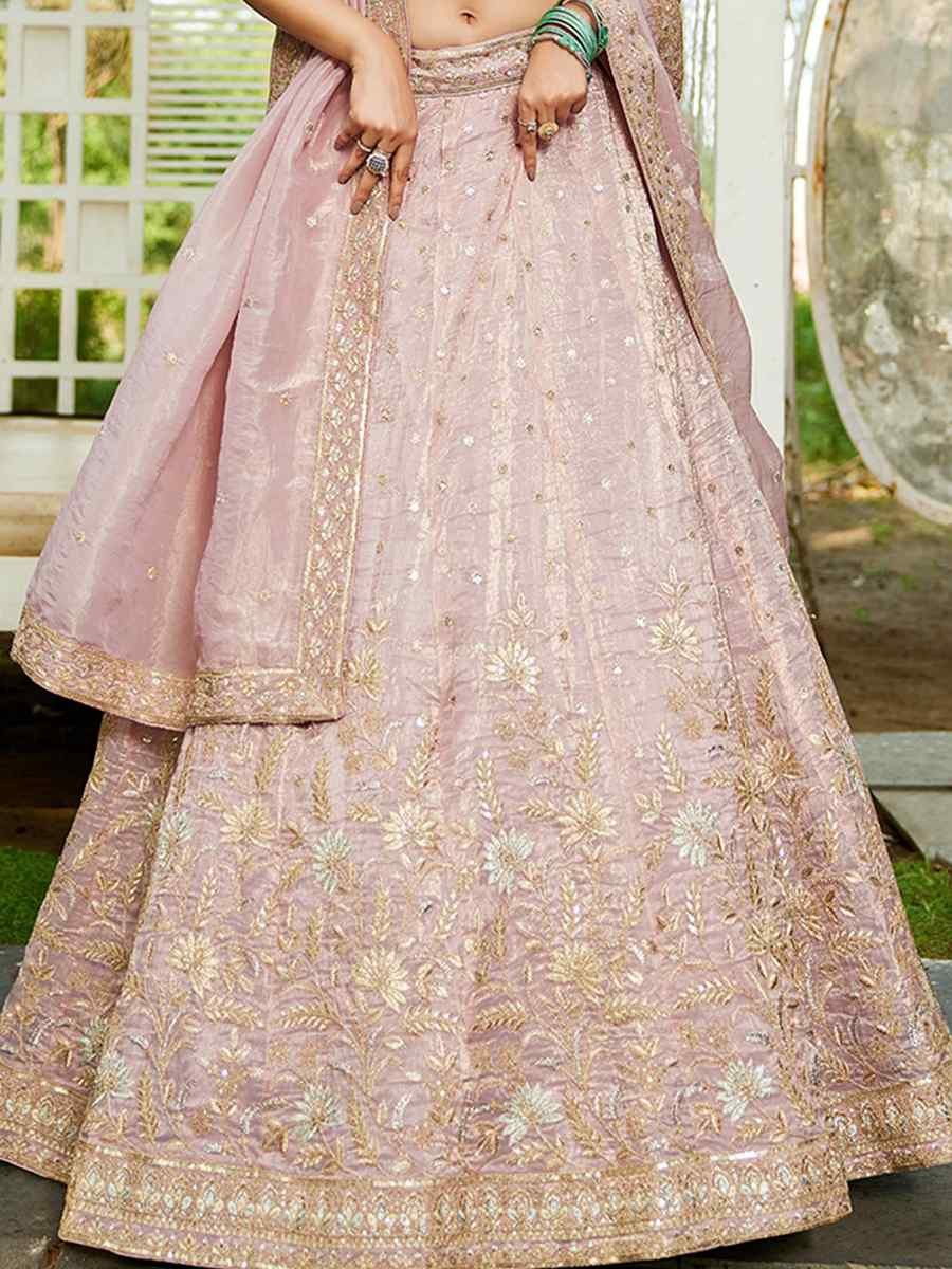 Mauve Tissue Embroidered Festival Reception Wedding Party Wear Heavy Border Lehenga Choli