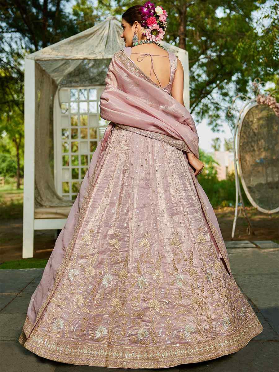 Mauve Tissue Embroidered Festival Reception Wedding Party Wear Heavy Border Lehenga Choli