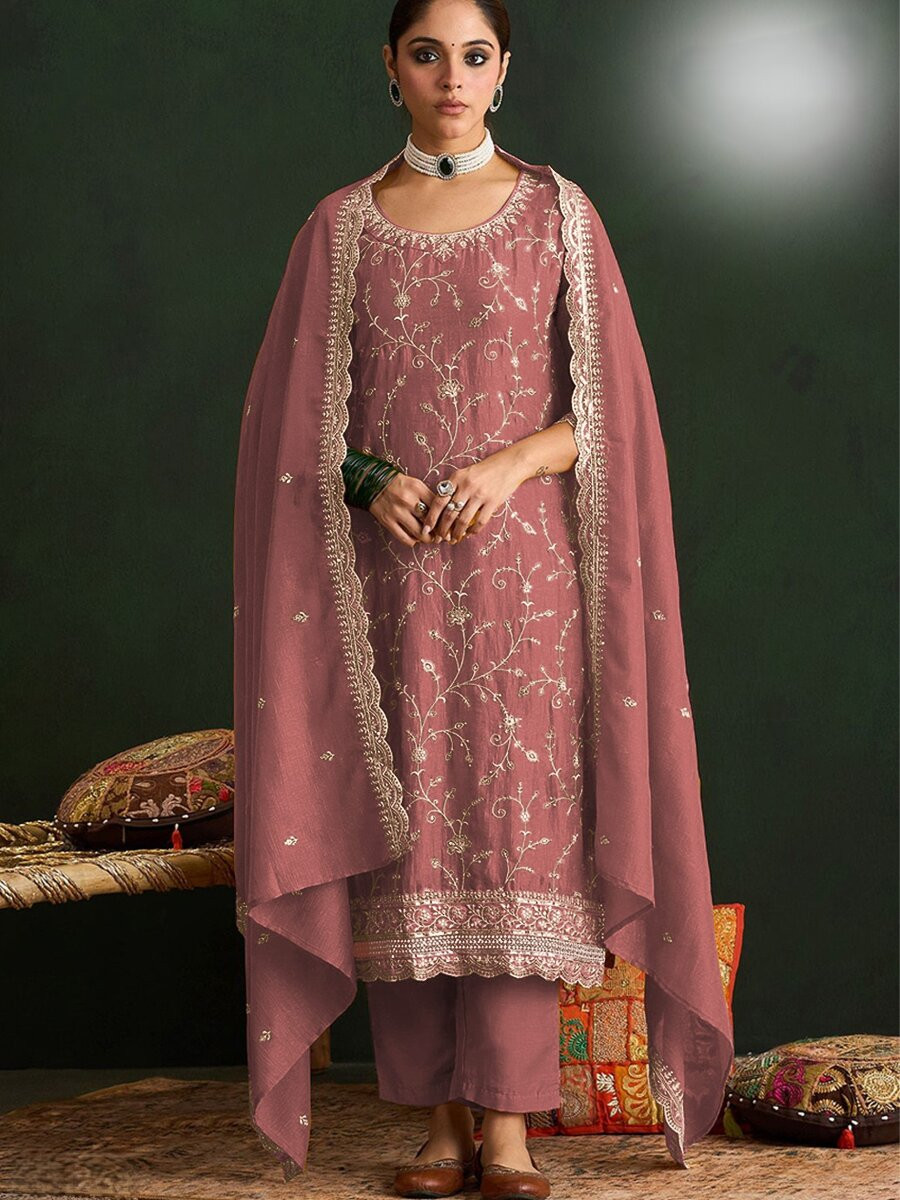 Mauve Vichitra Embroidery Zari Sequins Wedding Party Festival Casual Palazzo Pant Salwar Kameez