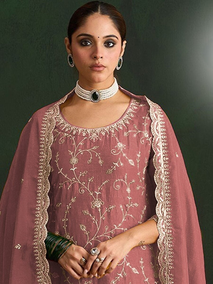 Mauve Vichitra Embroidery Zari Sequins Wedding Party Festival Casual Palazzo Pant Salwar Kameez