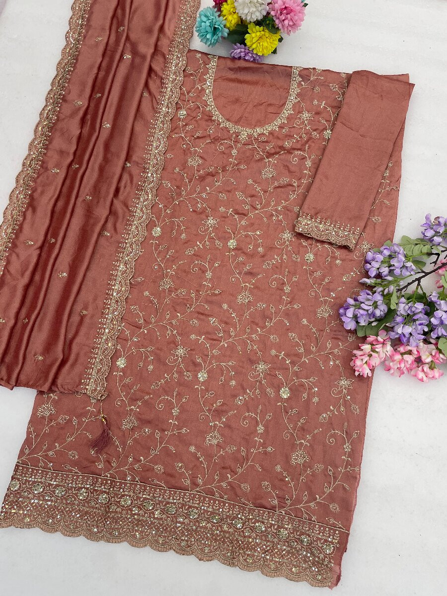 Mauve Vichitra Embroidery Zari Sequins Wedding Party Festival Casual Palazzo Pant Salwar Kameez
