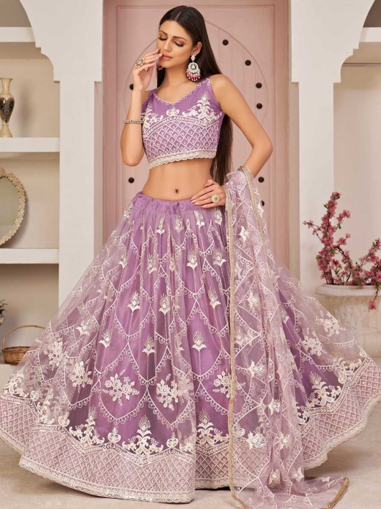Mauve Violet Net Embroidered Party Lehenga Choli