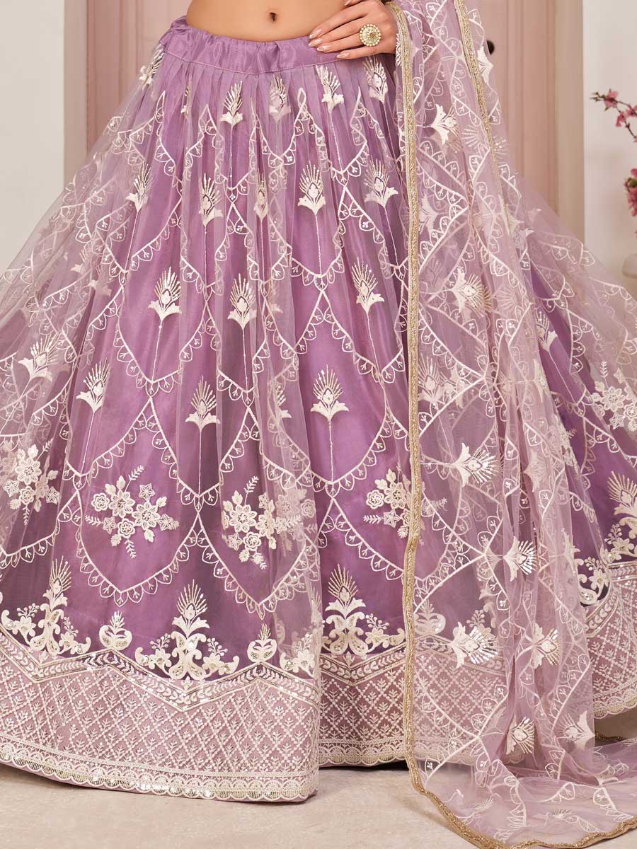 Mauve Violet Net Embroidered Party Lehenga Choli