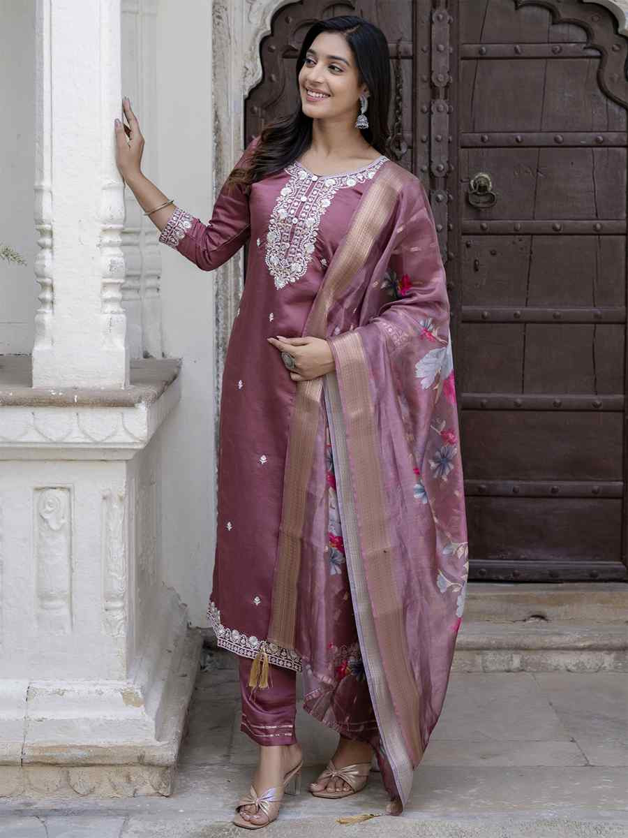 Mauve Viscose Roman Silk Embroidery Party Wedding Festival Casual Ready Pant Salwar Kameez