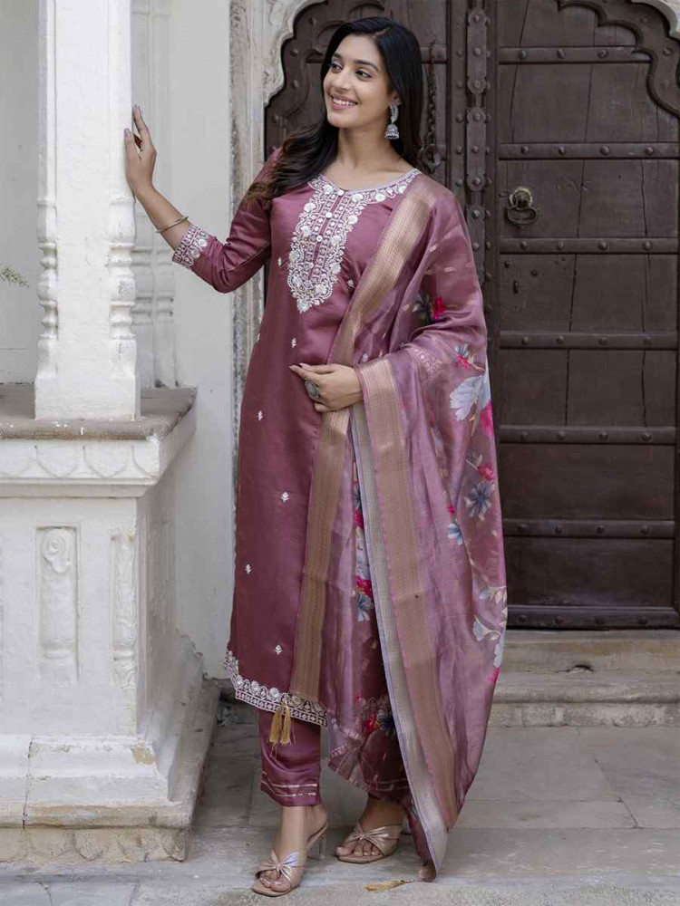 Image of Mauve Viscose Roman Silk Embroidery Party Wedding Festival Casual Ready Pant Salwar Kameez