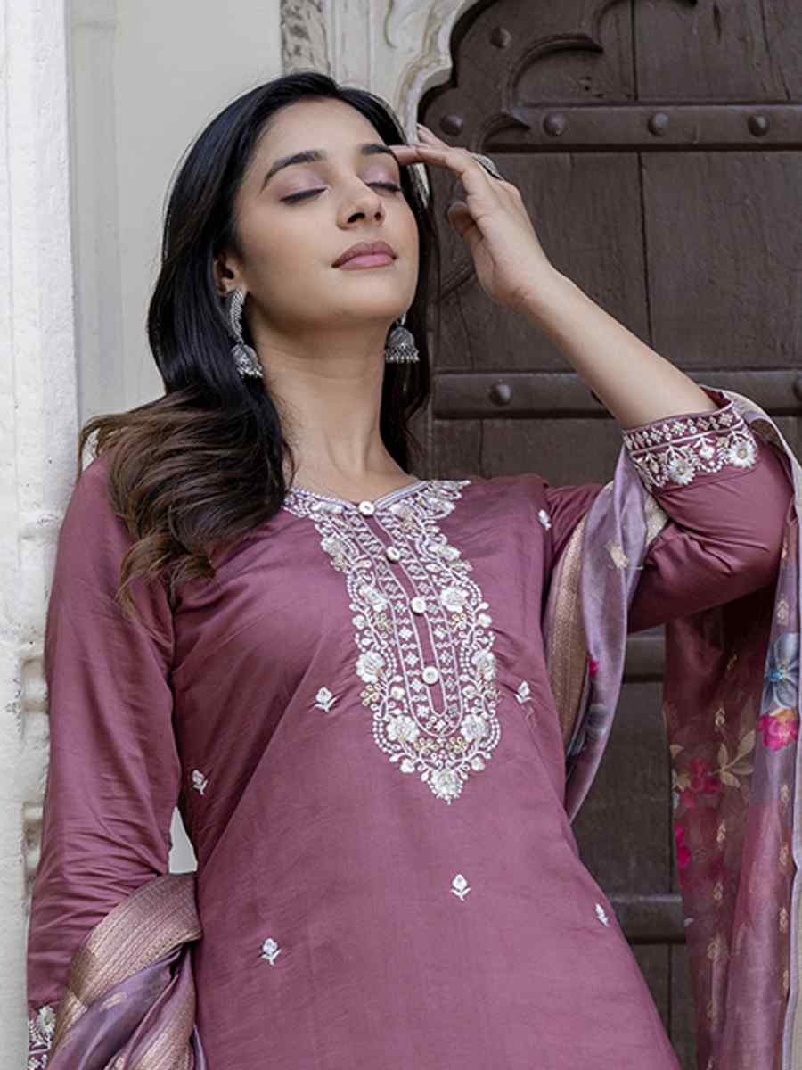 Mauve Viscose Roman Silk Embroidery Party Wedding Festival Casual Ready Pant Salwar Kameez