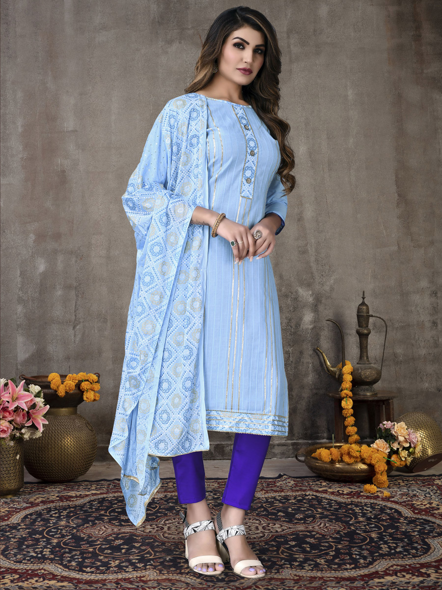 Maya Blue Cotton Embroidered Party Pant Kameez