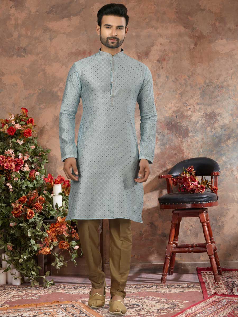 Maya Blue Jacquard Embroidered Festival Kurta Set