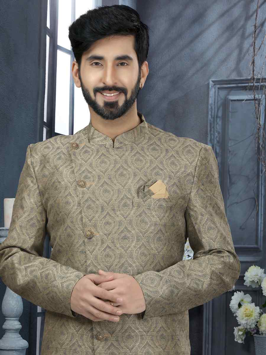 Mehandi Gold Jacquard Woven Festival Wedding Sherwani