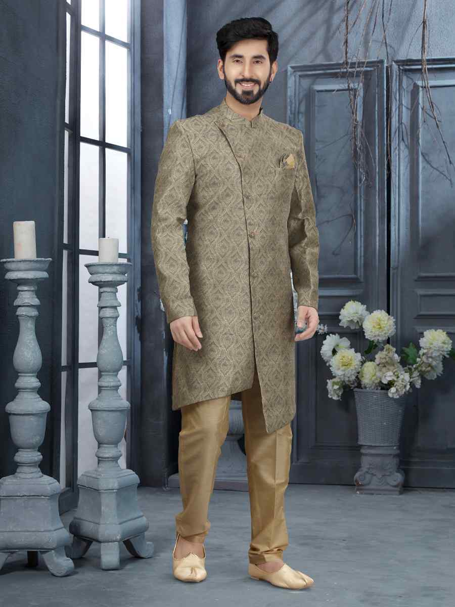 Mehandi Gold Jacquard Woven Festival Wedding Sherwani