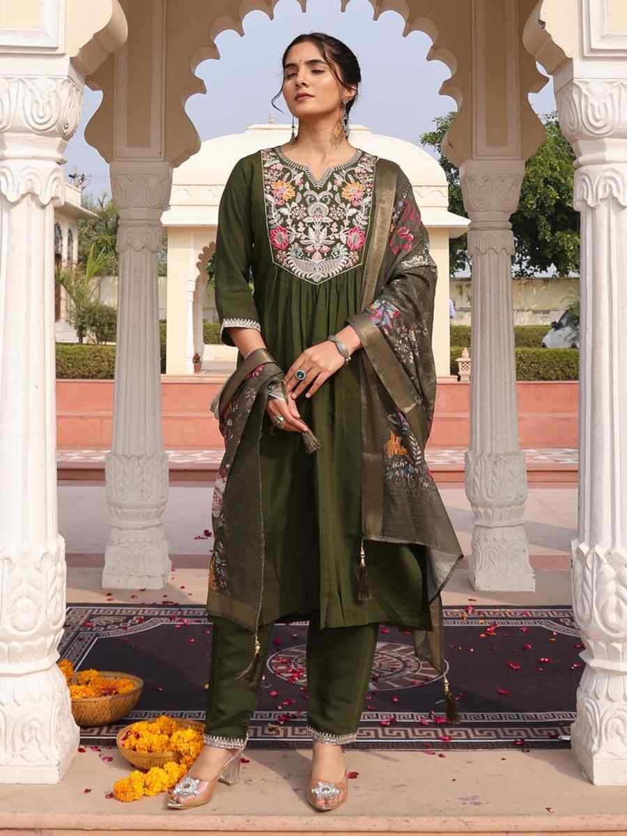 Mehandi Green  Cotton Silk Embroidered Casual Festival Pant Salwar Kameez