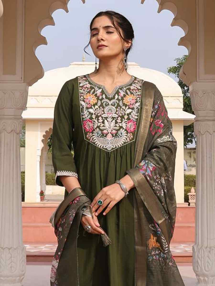 Mehandi Green  Cotton Silk Embroidered Casual Festival Pant Salwar Kameez