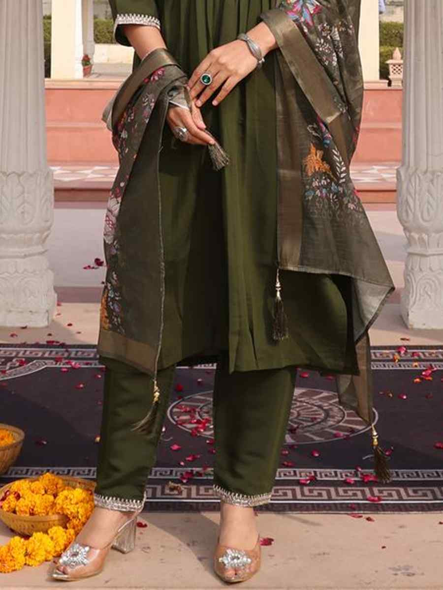 Mehandi Green  Cotton Silk Embroidered Casual Festival Pant Salwar Kameez
