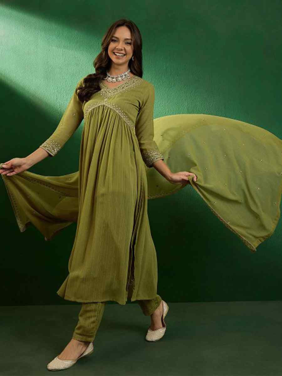 Mehandi Green Georgette Embroidered Festival Wedding Ready Pant Salwar Kameez