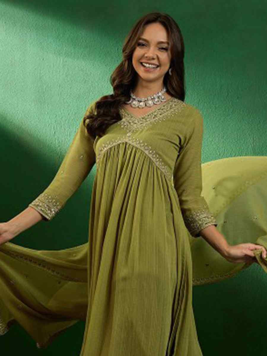 Mehandi Green Georgette Embroidered Festival Wedding Ready Pant Salwar Kameez