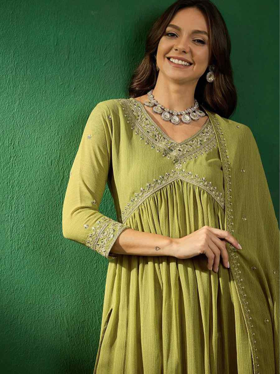 Mehandi Green Georgette Embroidered Festival Wedding Ready Pant Salwar Kameez