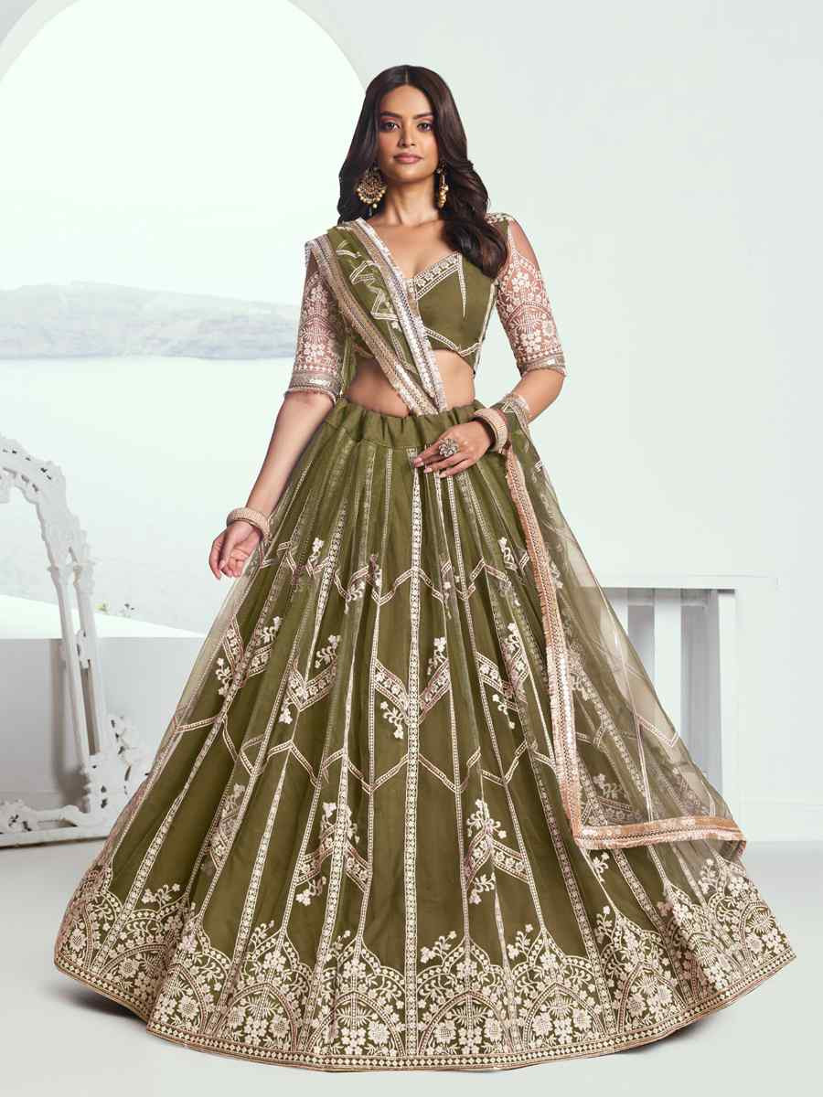Mehandi Green Net Embroidered Wedding Reception Festival Heavy Border Lehenga Choli