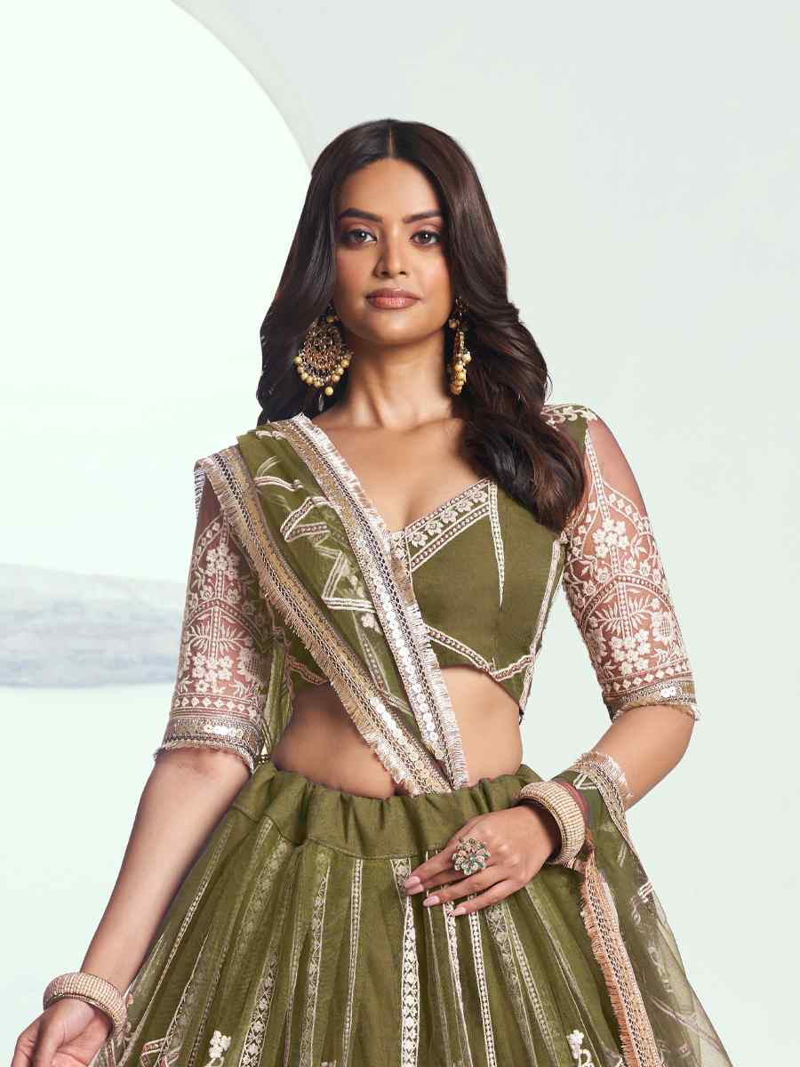 Mehandi Green Net Embroidered Wedding Reception Festival Heavy Border Lehenga Choli