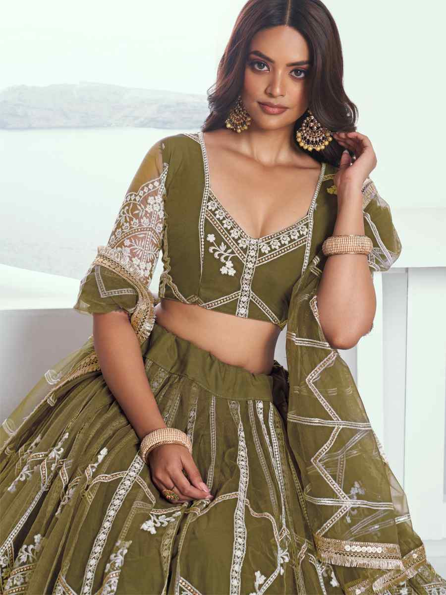 Mehandi Green Net Embroidered Wedding Reception Festival Heavy Border Lehenga Choli