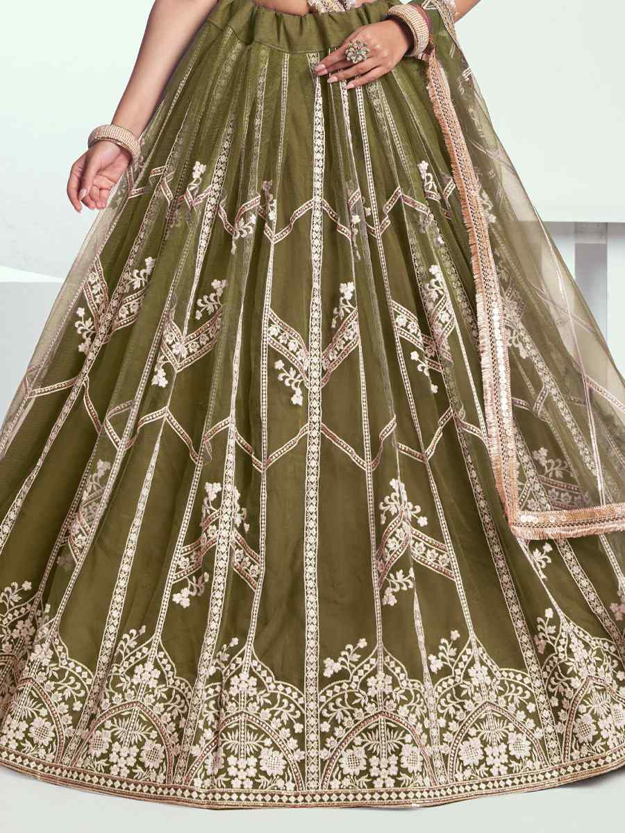 Mehandi Green Net Embroidered Wedding Reception Festival Heavy Border Lehenga Choli