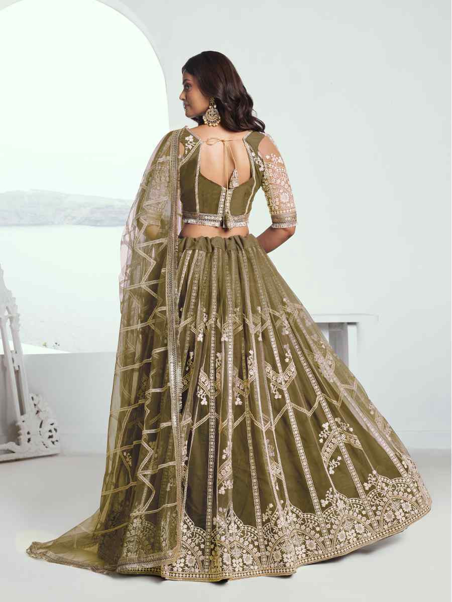 Mehandi Green Net Embroidered Wedding Reception Festival Heavy Border Lehenga Choli