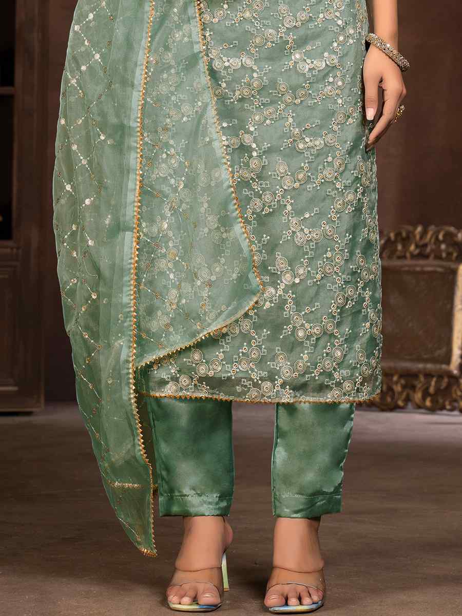 Mehandi Green Pure Organza Embroidered Casual Festival Pant Salwar Kameez
