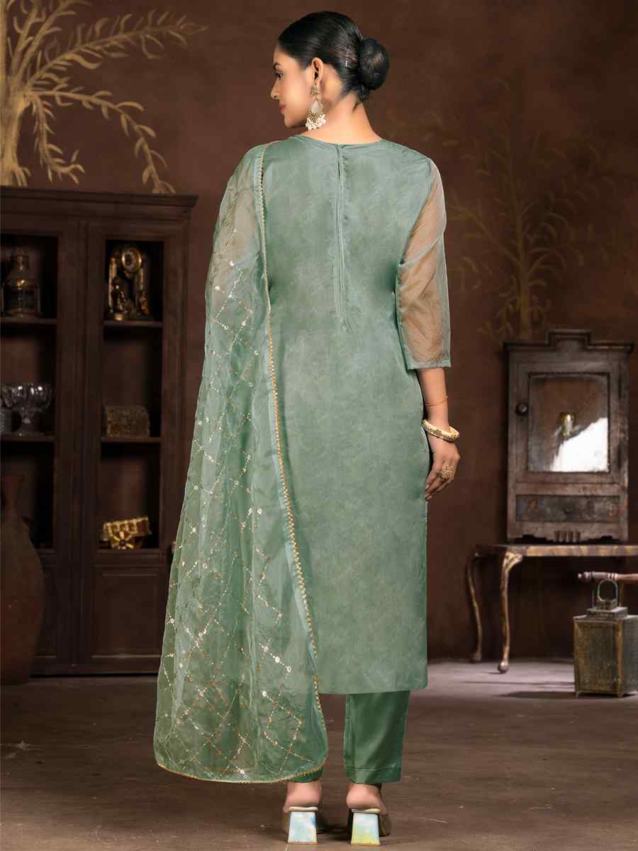 Mehandi Green Pure Organza Embroidered Casual Festival Pant Salwar Kameez