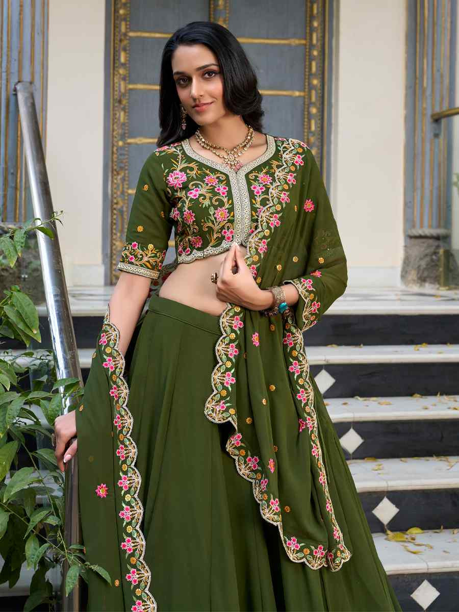 Mehandi Green Vichitra Silk Embroidery Reception Party Wear Heavy Border Lehenga Choli