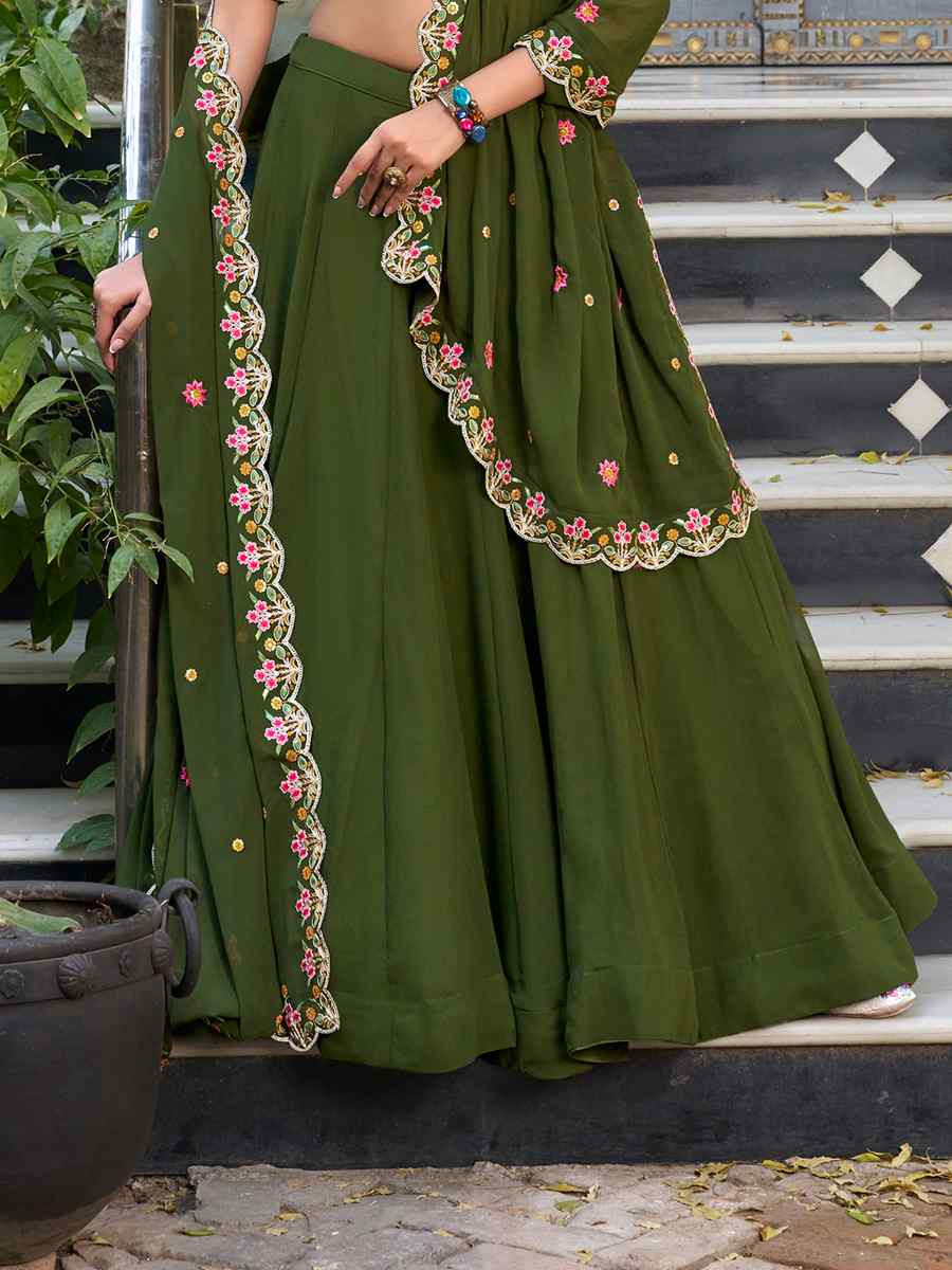 Mehandi Green Vichitra Silk Embroidery Reception Party Wear Heavy Border Lehenga Choli