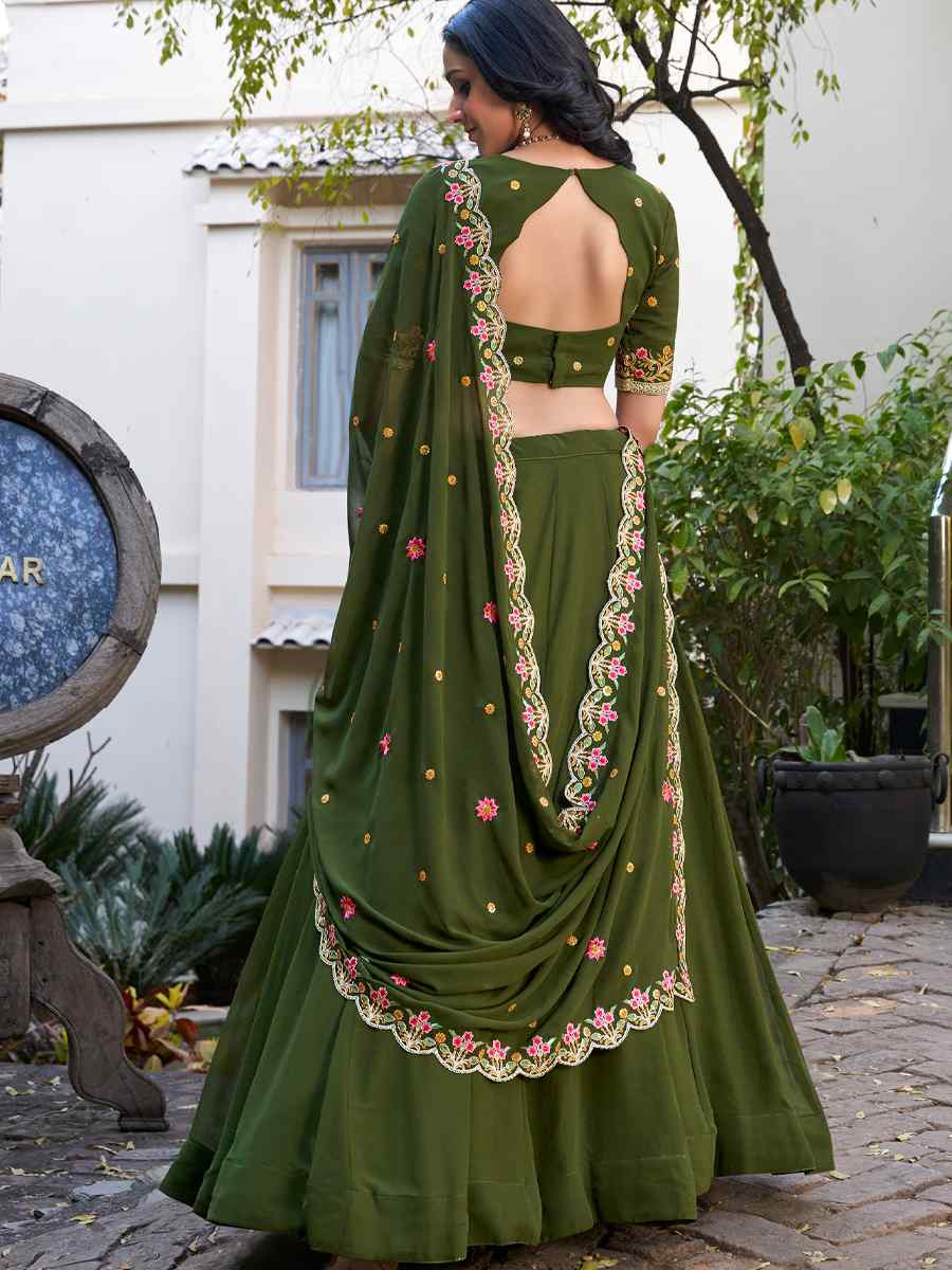 Mehandi Green Vichitra Silk Embroidery Reception Party Wear Heavy Border Lehenga Choli
