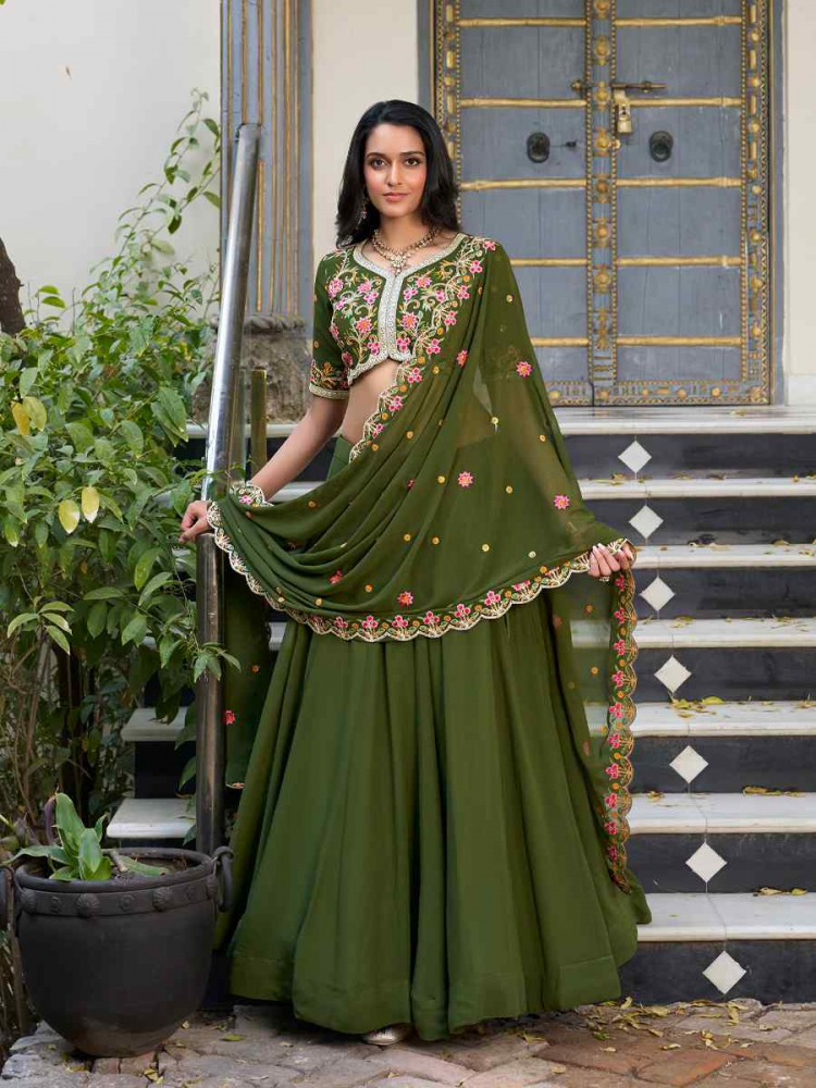 Mehandi Green Vichitra Silk Embroidery Reception Party Wear Heavy Border Lehenga Choli