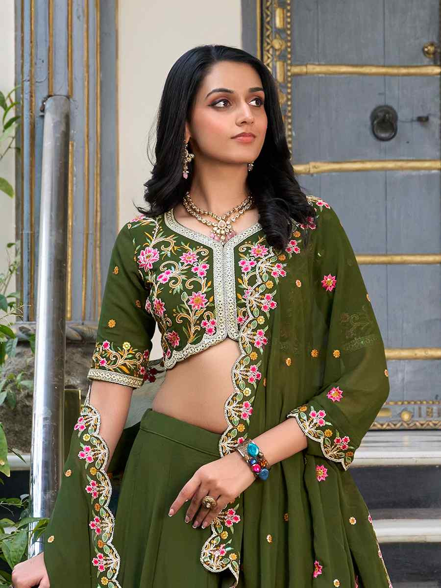 Mehandi Green Vichitra Silk Embroidery Reception Party Wear Heavy Border Lehenga Choli