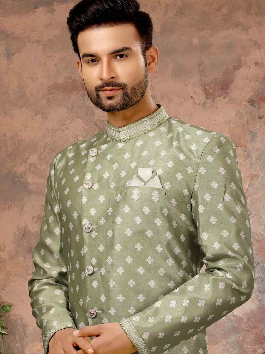 Mehandi Jacquard Woven Festival Wedding Sherwani