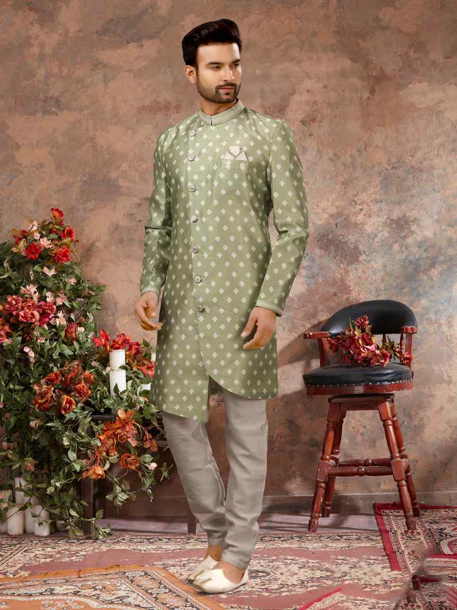 Mehandi Jacquard Woven Festival Wedding Sherwani