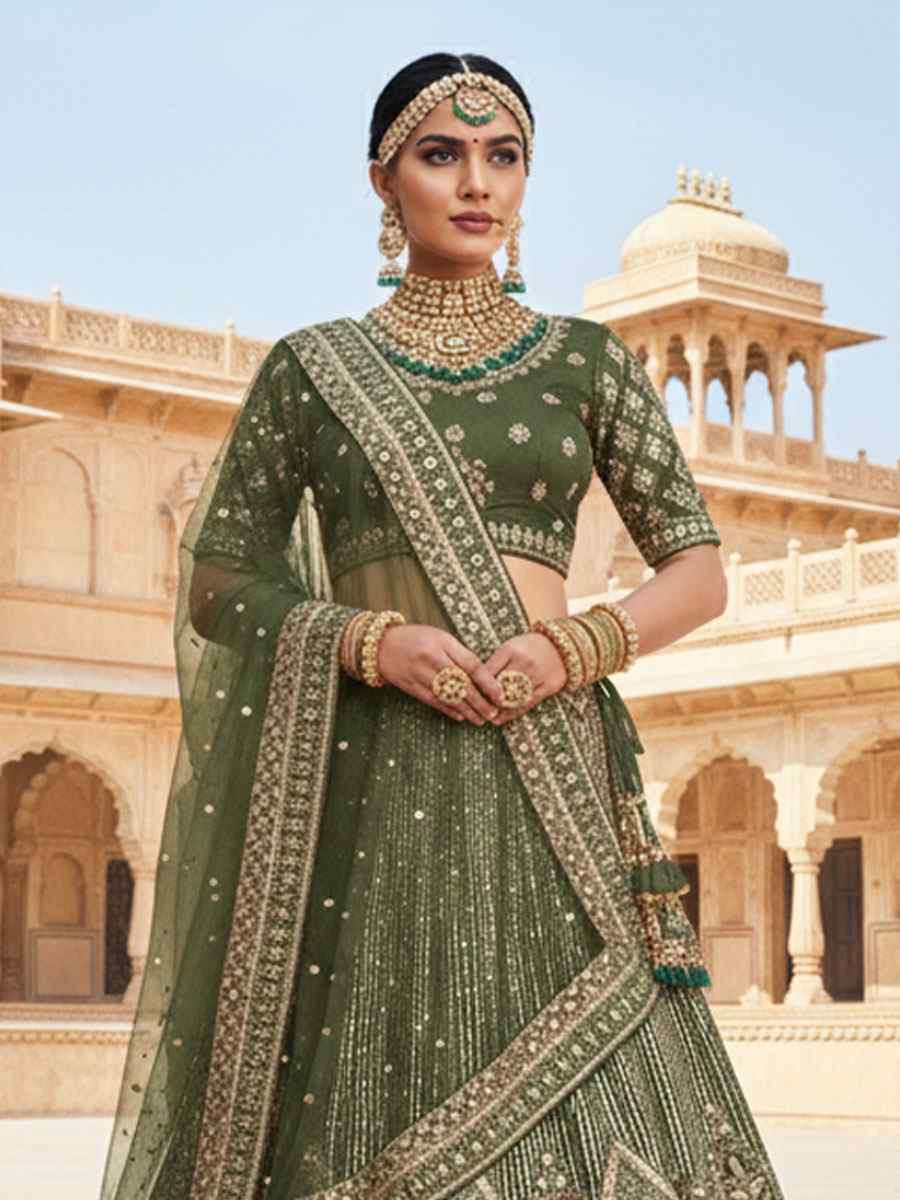 Mehandi Velvet Embroidered Bridal Wedding Reception Festival Heavy Border Lehenga Choli