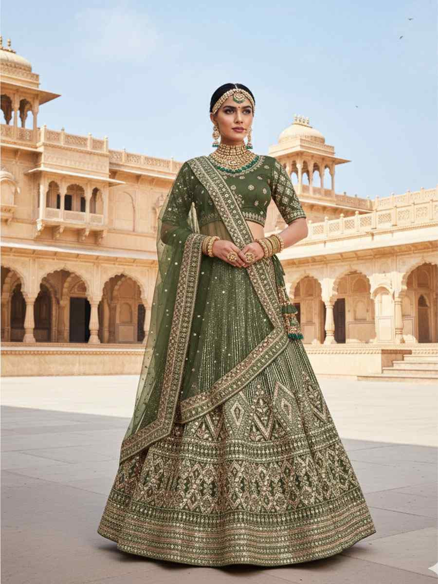 Mehandi Velvet Embroidered Bridal Wedding Reception Festival Heavy Border Lehenga Choli