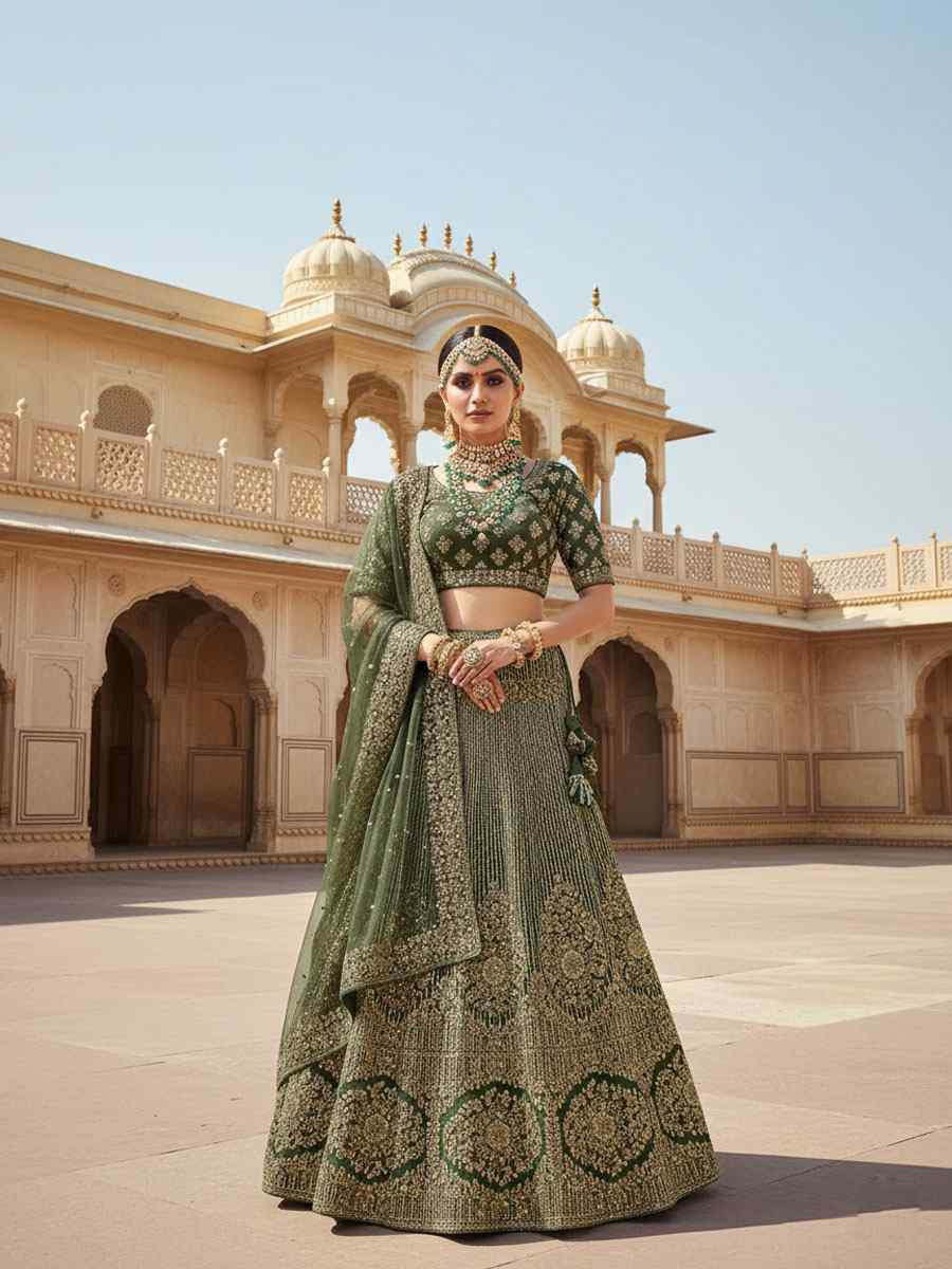 Mehandi Velvet Embroidered Bridal Wedding Reception Festival Heavy Border Lehenga Choli