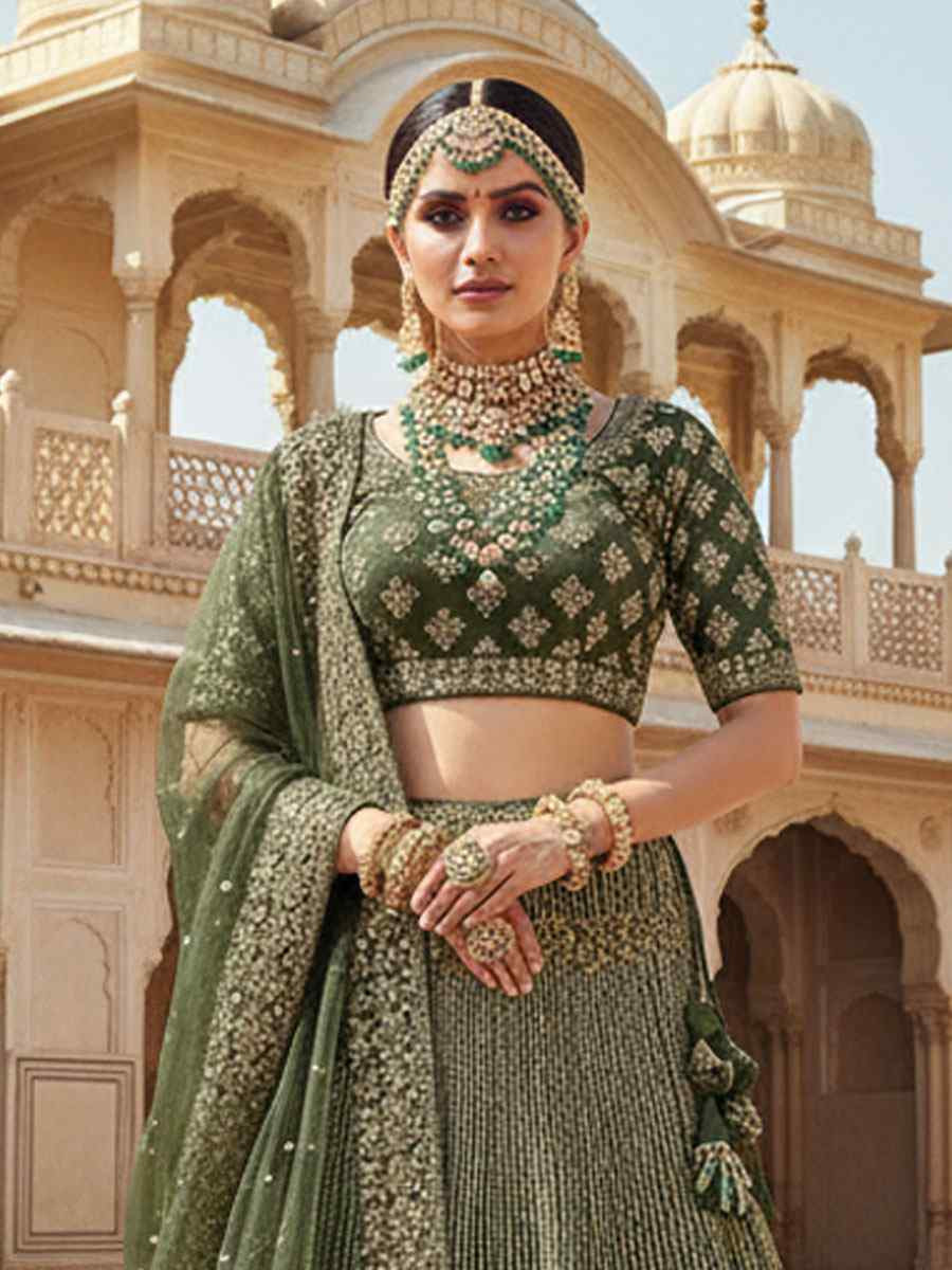 Mehandi Velvet Embroidered Bridal Wedding Reception Festival Heavy Border Lehenga Choli