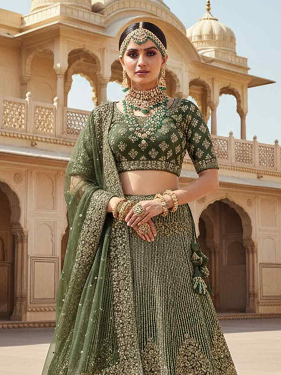 Mehandi Velvet Embroidered Bridal Wedding Reception Festival Heavy Border Lehenga Choli