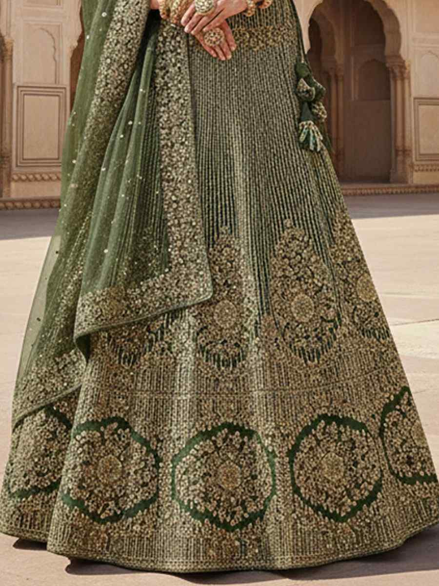Mehandi Velvet Embroidered Bridal Wedding Reception Festival Heavy Border Lehenga Choli