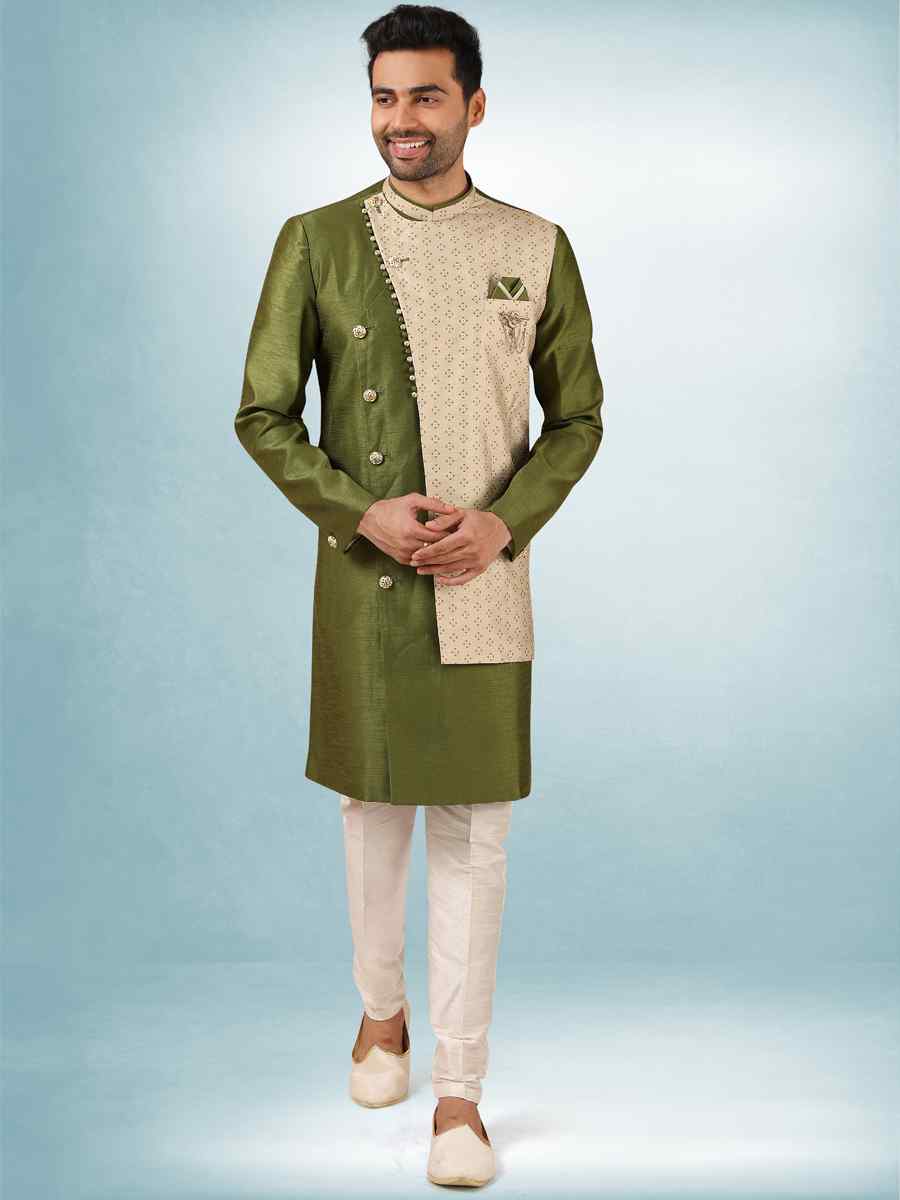 Mehendi Art Silk Plain Printed Party Wedding Sherwani