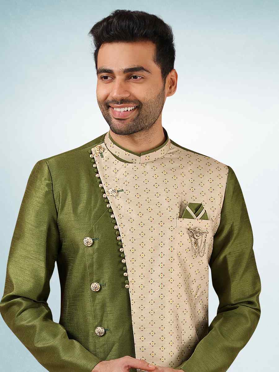 Mehendi Art Silk Plain Printed Party Wedding Sherwani