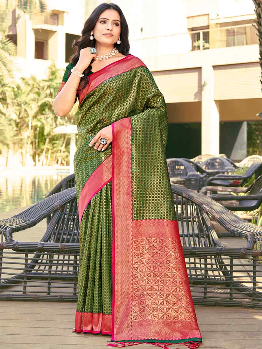 Mehendi Banarasi Silk Handwoven Wedding Festival Heavy Border Saree