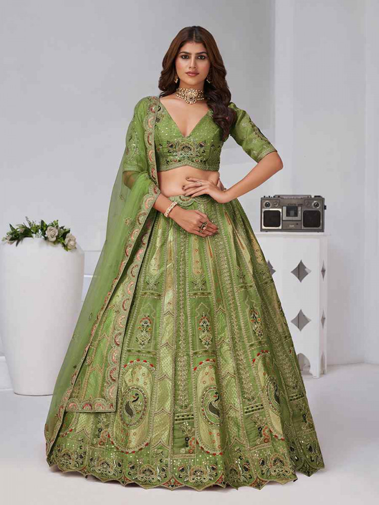 Image of Mehendi Banarsi Silk Embroidered Wedding Reception Festival Heavy Border Lehenga Choli