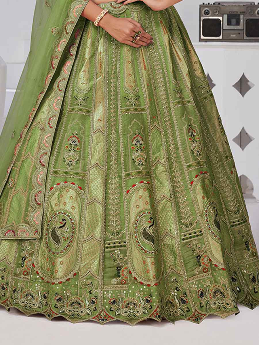 Mehendi Banarsi Silk Embroidered Wedding Reception Festival Heavy Border Lehenga Choli