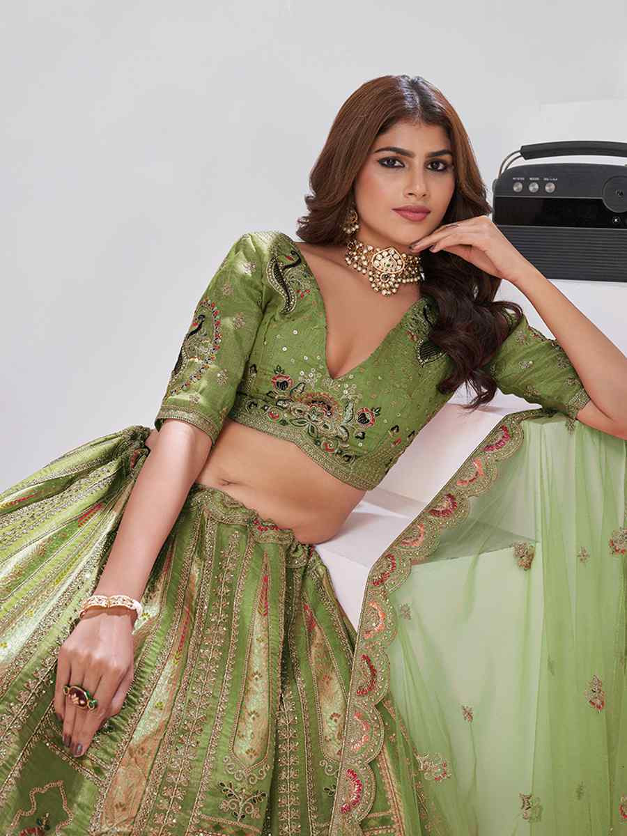 Mehendi Banarsi Silk Embroidered Wedding Reception Festival Heavy Border Lehenga Choli