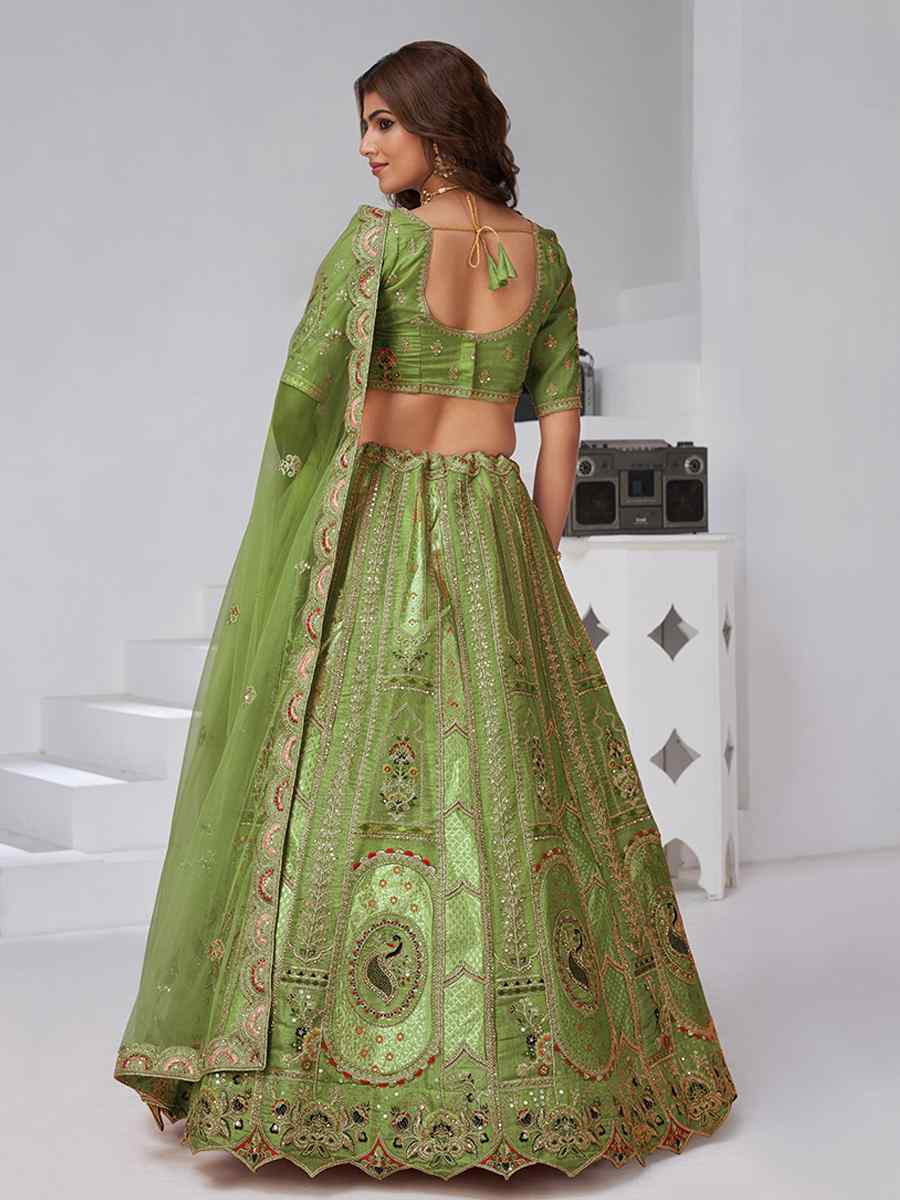 Mehendi Banarsi Silk Embroidered Wedding Reception Festival Heavy Border Lehenga Choli