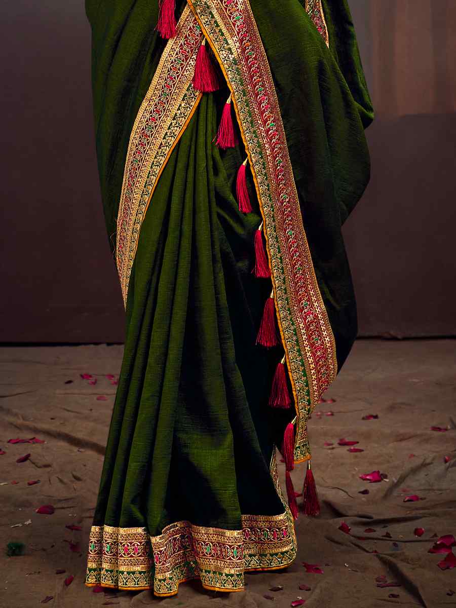 Mehendi Banglory Silk Handwoven Wedding Festival Heavy Border Saree